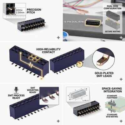 High Density 40-Pin 2.54MM Dual Row Female Header Connector Gold Flash PA6T Data Bus PCB Through Hole