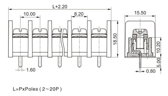 CE 10.0mm Pitch Terminal Block Connector PCB Barrera 1 * 05P PBT con cubierta de protección